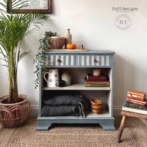 Light blue chalk painted end table with stripes.