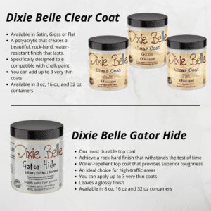 The top half of the picture has 3 jars of Dixie Belle Clear Coat, Satin, Gloss and Flat, the words Dixie Belle Clear Coat and words describing this product are to the left of the product. The lower half has a picture of Dixie Belle Gator Hide with the words Dixie Belle Gator Hide and the words describing the product to the right of the product.