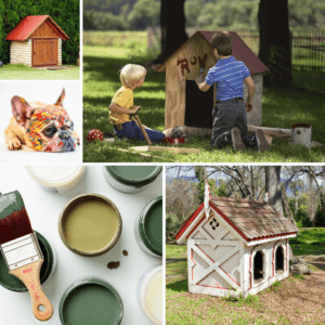 A photo of 3 different dog houses, one being painted by two young boys; a dog with paint splatters on it's face, and a paint of several jars of open green paint, with a paint brush with green paint on it lying across a jar of paint.