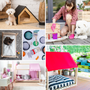 A photo collage with dogs, a cat and pet beds