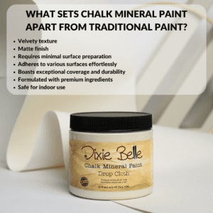 a sealed jar of Drop Cloth Chalk Mineral Paint sitting on a white piece of paper with bullet points of what sets chalk mineral paint apart from traditional paint printed above it 