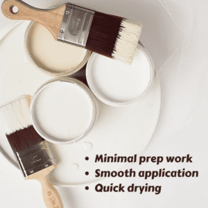 3 open jars of white chalk mineral paint sitting on a round white base, one paint brush with white paint on the bristles lies across the top of two jars and one brush with white paint on the bristles sits on the white base to the left of the third jar; "minimal prep work, smooth application and quick drying" are printed on the loer right corner