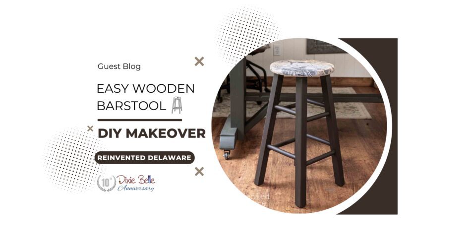 A brown painted wooden barstool with a vintage seat sitting on a brown wooden floor; the words Guest Blog Easy Wooden Barstool DIY Makeover Reinvented Delaware are printed left of the photo.