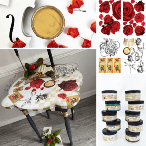 A photo collage of the following: an open jar of Gold Digger Moonshine Metallics sitting on a white table with red flowers around it; a photo of the Roses are Red transfer; a black and white painted table that has the Roses are Red transfer applied to the top; 2 stacks of 5 4-ounce jars of Chalk Mineral Paint sitting on a white tabletop