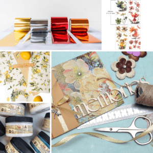 A photo collage containing the following photos: Dixie Shine, Fairyland transfer, Lemon Zest transfer, multiple 4 oz jars of Chalk Mineral Paint, a scrapbook with scissors, ribbon, a ruler and twine