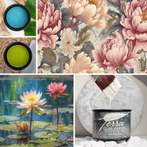 A photo collage consisting of the following: an open jar of blue paint, an open jar of green paint, Peaceful Peonies decoupage paper, Lilypads decoupage paper; a jar of Terra Clay Paint sitting on white rocks, in front of a white painted circle with a paint brush with white paint dripping off of it over the paint.