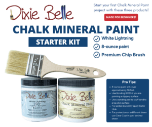 A jar of White Lightning, Fluff Chalk Mineral Paint and a Chip brush on a white background with information about what comes in the Chalk Mineral Paint Starter Kit