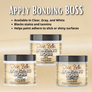 16 oz jars of Bonding BOSS in white, clear and gray sit on a tan background with product information printed above the jars