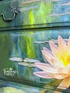 Close up of blended paint with Lily Pads decoupage paper on dresser drawers