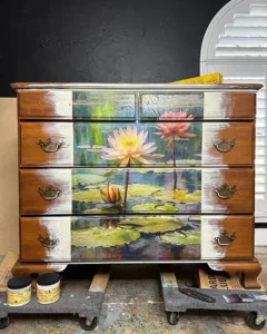 Lily Pads decoupage paper applied to the front of the brown wooden dresser