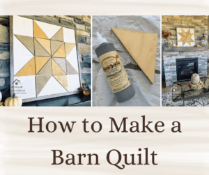 A white, yellow and brown wooden quilt square, a bottle of voodoo gel stain sitting next to a triangular wooden block, and a photo of a fireplace with the quilt square sitting on the mantle.