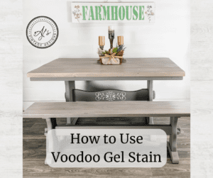 A wooden table and bench painted with Voodoo Gel Stain