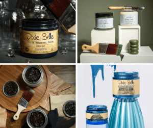 An open jar of Caviar Chalk Mineral Paint, A closed jar of Acadia Silk All-In-One Mineral Paint next to a jar of Extra Coat with paint brushes of each, 3 open cans of No Pain Gel Stain, Open 4 oz & 16 oz jars of Pacific Moonshine Metallics paint