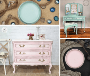 A photo collage of an open jar of Sea Glass Chalk Mineral Paint, a vanity and stool painted with Sea Glass; a dresser painted with Soft Pink Chalk Mineral Paint and an open jar of Soft Pink Chalk Mineral Paint