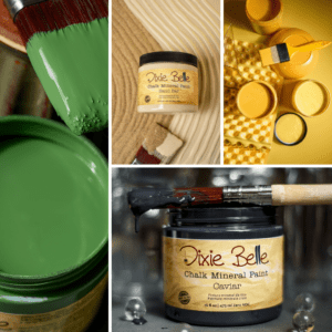 A photo collage containing an open jar of English Ivy chalk Mineral Paint with a paint brush; a closed jar of Sand Bar Chalk Mineral Paint with a paint brush; open jars of Daisy and Colonel Mustard Chalk Mineral Paint with a paint brush; and an open jar of Caviar Chalk Mineral Paint with a paint brush