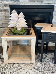 "After" photo of 3 side tables painted with VooDoo Gel Stain and Caviar Chalk Mineral Paint