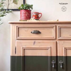 Upper left corner of buffet with Fireside Ash Voodoo Gel Stain on top and Collard Greens Chalk Mineral Paint on bottom; trinkets sit on top of the buffet