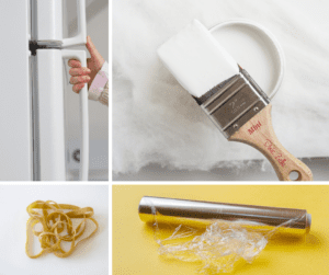 A photo collage of a hand pulling a white refrigerator door open, an open jar of white paint with a paint brush sitting across the top covered with white paint, a pile of rubber bands and a roll of plastic wrap on a yellow table