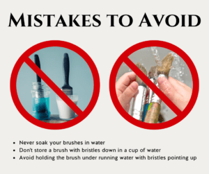 A photo showing mistakes to avoid when washing brushes