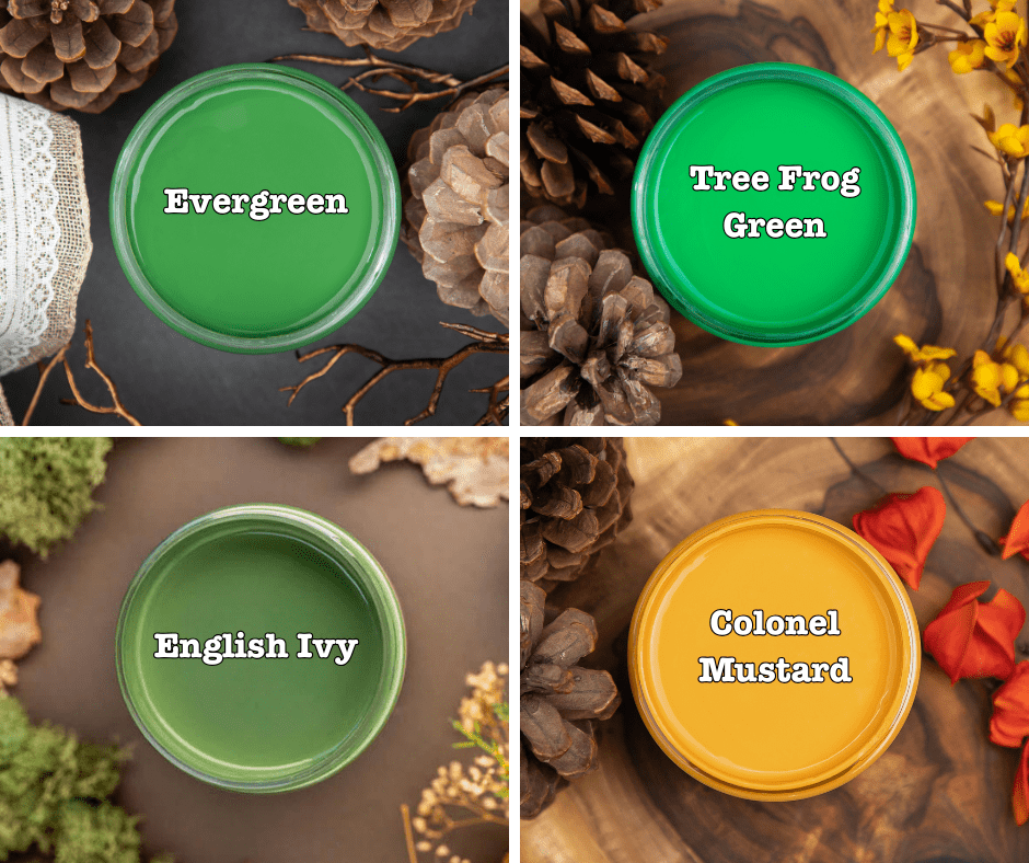 Top view of an open jar of Chalk Mineral Paint in Evergreen, Tree Frog Green, English Ivy, Colonel Mustard